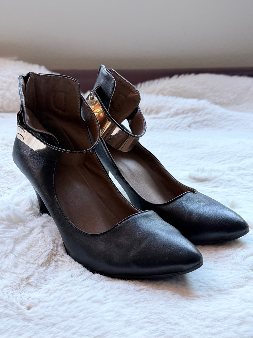 Black Womens Ankle-Strap Heels with Metallic Accent